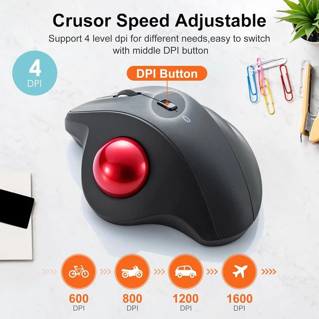 Alt view image 3 of 7 - SANWA Bluetooth Trackball Mouse, Wireless Silent Click Roller Ball Mouse, Programmable with Software, 600/800/1200/1600 DPI, Precise Thumb Control, Compatible with Win, Mac, Laptop, PC - Red Ball