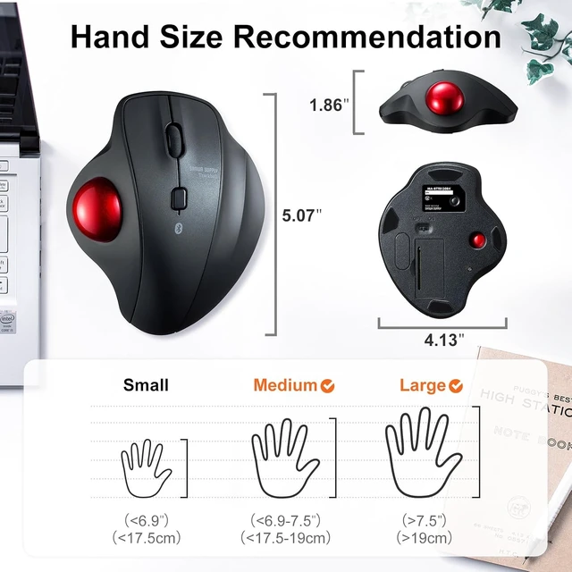 Alt view image 2 of 7 - SANWA Bluetooth Trackball Mouse, Wireless Silent Click Roller Ball Mouse, Programmable with Software, 600/800/1200/1600 DPI, Precise Thumb Control, Compatible with Win, Mac, Laptop, PC - Red Ball