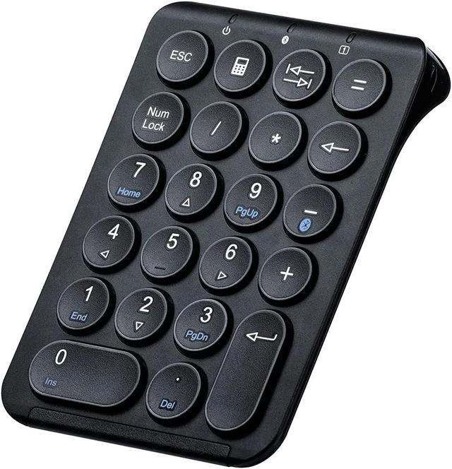 Main image of SANWA Bluetooth Numeric Keypad, 22-Key Portable Numpad for Laptop, Black Rechargeable, Wireless Ten Key, Slim Tilt Design, Shortcuts, Financial Data Accounting Numpad, for Win, Mac, PC, Android, iOS