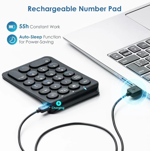 Alt view image 5 of 7 - SANWA Bluetooth Numeric Keypad, 22-Key Portable Numpad for Laptop, Black Rechargeable, Wireless Ten Key, Slim Tilt Design, Shortcuts, Financial Data Accounting Numpad, for Win, Mac, PC, Android, iOS