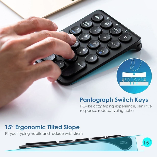 Alt view image 7 of 7 - SANWA Bluetooth Numeric Keypad, 22-Key Portable Numpad for Laptop, Black Rechargeable, Wireless Ten Key, Slim Tilt Design, Shortcuts, Financial Data Accounting Numpad, for Win, Mac, PC, Android, iOS