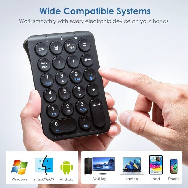 Alt view image 6 of 7 - SANWA Bluetooth Numeric Keypad, 22-Key Portable Numpad for Laptop, Black Rechargeable, Wireless Ten Key, Slim Tilt Design, Shortcuts, Financial Data Accounting Numpad, for Win, Mac, PC, Android, iOS