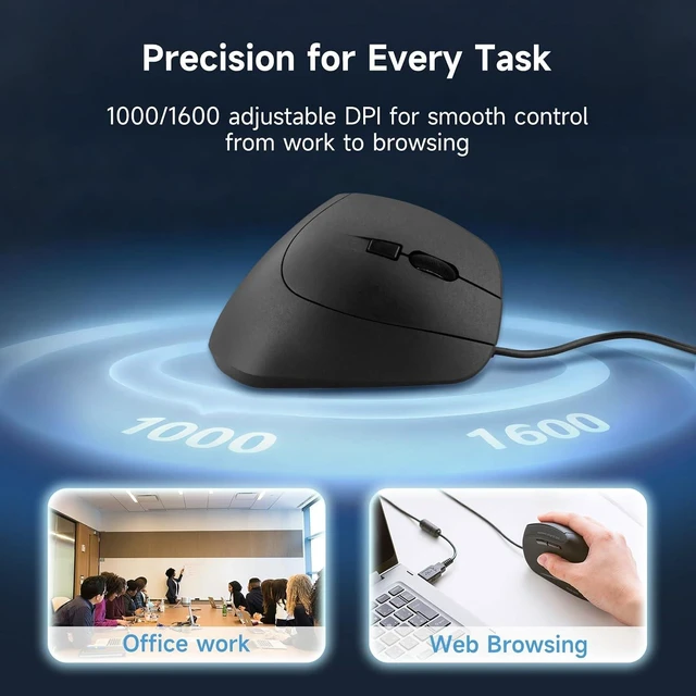 Alt view image 5 of 7 - SANWA Wired Ergonomic Vertical Mouse, Silent Click & Remap with Software 3 Programmable Buttons, Optical USB Mouse, 1000/1600 DPI, Wrist Relief, 55° Natural Comfort, Compatible Win/Mac/Laptop/PC