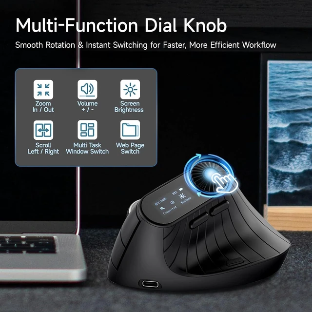 Alt view image 2 of 7 - SANWA 3-Device Ergonomic Vertical Mouse with LED Screen & Knob Control
Quick Tasks Access, Natural 57° Comfort, 2.4G Wireless+2 BT 5.0+Wired, Programmable with Software, Rechargeable, 800-2400DPI