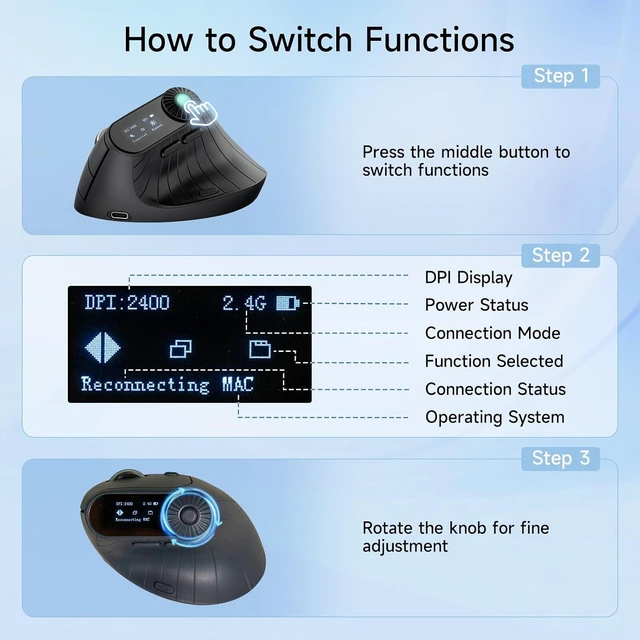Alt view image 6 of 7 - SANWA 3-Device Ergonomic Vertical Mouse with LED Screen & Knob Control
Quick Tasks Access, Natural 57° Comfort, 2.4G Wireless+2 BT 5.0+Wired, Programmable with Software, Rechargeable, 800-2400DPI
