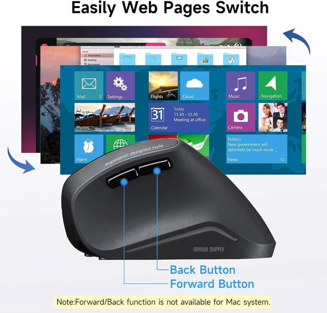 Alt view image 4 of 7 - SANWA 2.4G Wireless Ergonomic Mouse, Silent Click Vertical Mouse, Black Programmable Buttons with Software, 800-1600 DPI, Cordless Ergo Mouse for Medium-Large Hands, Compatible Win, Mac, Laptop, PC