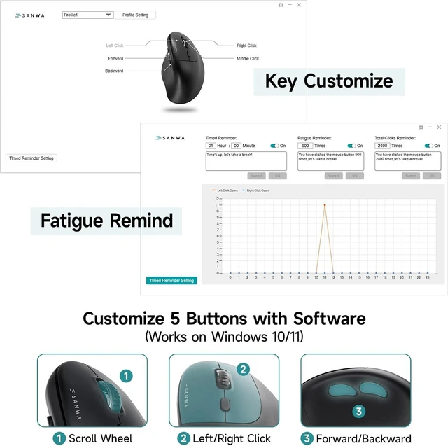 Alt view image 3 of 7 - SANWA Vertical Ergonomic Mouse, 3-Device Wireless Ergo Mice, Silent Click 57°Natural Comfort, 2 Bluetooth 5.0 + 2.4G USB Receiver, for Medium-Large Hands, Programmable with Software, 800-1600 DPI