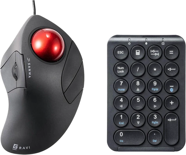 Main image of SANWA TB137 Index Finger Wired Trackball Mouse + Bluetooth Numeric Keypad, Programmable Silent Buttons Roller Ball, Portable Financial Accounting Numpad, Compatible with Mac, Windows, Laptop, Black