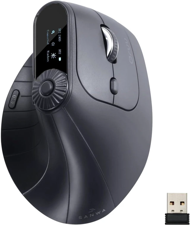 Alt view image 2 of 7 - SANWA 2-DP Ergo Mouse with LED Screen + Wireless Trackball Mouse Set, Vertical Mouse Knob Control, Programmable Buttons, Silent Ergonomic Roller Ball Mice, Compatible with Mac, Windows, Laptop, Androi
