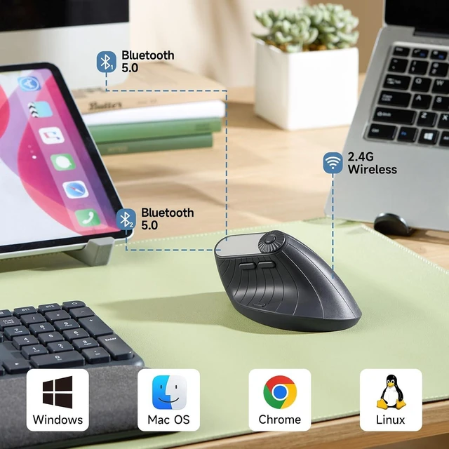 Alt view image 4 of 7 - SANWA 2-DP Ergo Mouse with LED Screen + Wireless Trackball Mouse Set, Vertical Mouse Knob Control, Programmable Buttons, Silent Ergonomic Roller Ball Mice, Compatible with Mac, Windows, Laptop, Androi