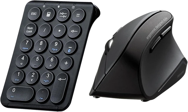 Main image of SANWA ERG11N Silent Click Bluetooth Ergo Mouse + Bluetooth Numeric Keypad Set, Programmable Vertical Mouse, Wireless Ten Key Number Pad, Compatible with Mac, Windows, Laptop, PC, Tablet, Android, iOS