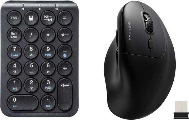 Main image of SANWA 3-Device Ergonomic Vertical Mouse + Bluetooth Numeric Keypad Set, Silent Click & Programmable Ergo Mice for Medium Large Hands, Portable Ten Key Number Pad, Compatible with Mac, Windows, Laptop