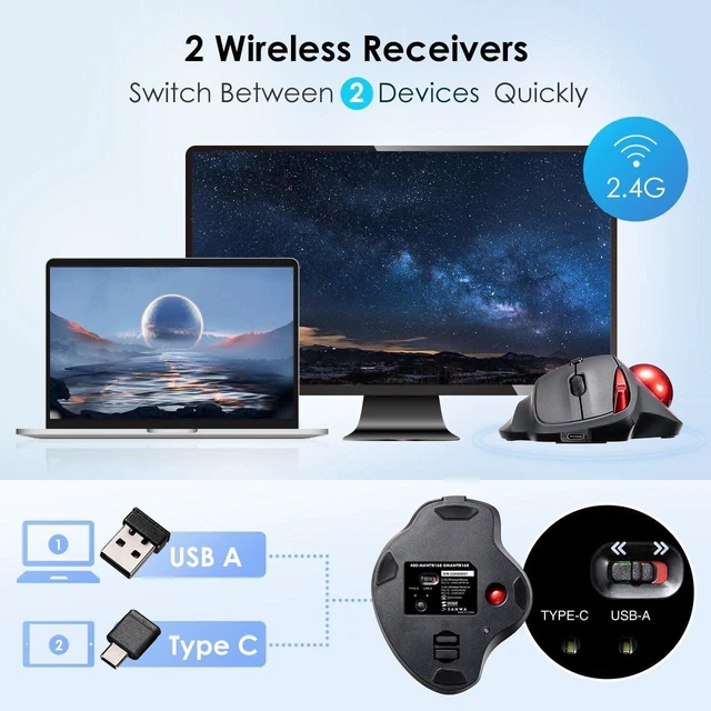 Alt view image 5 of 7 - SANWA 2.4G Wireless Trackball Mouse + 34mm Silver Replacement Ball Bundle USB-A & C Receiver, Silent Click, Programmable with Software, for M<-L Hands, Glossy Craft, Compatible with Mac, Laptop, Win