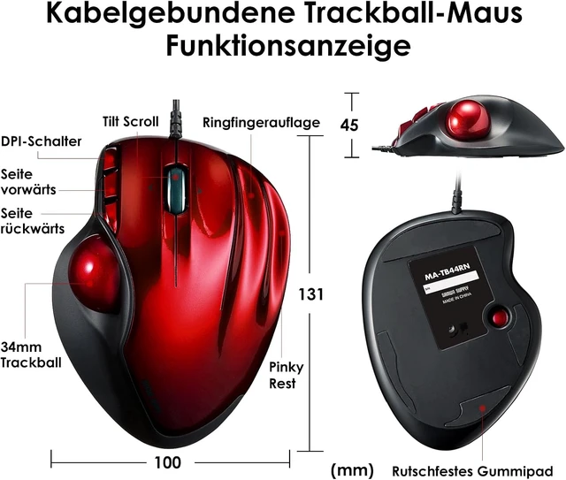 Alt view image 6 of 7 - SANWA Wired Trackball Mouse with Tilt Scroll + 34mm Silver Replacement Ball GMATB44RN Rollerball Mice, 400/800/1200/1600 DPI, Glossy Craft, Compatible with Mac, Laptop, Windows, Chrome OS