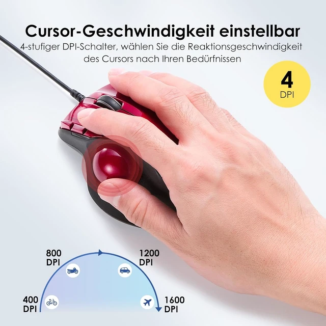 Alt view image 3 of 7 - SANWA Wired Trackball Mouse with Tilt Scroll + 34mm Silver Replacement Ball GMATB44RN Rollerball Mice, 400/800/1200/1600 DPI, Glossy Craft, Compatible with Mac, Laptop, Windows, Chrome OS