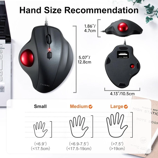 Alt view image 6 of 7 - SANWA Wired Trackball Mouse + 34mm Silver Replacement Ball, USB-C/A Port
Red Thumb Ball Mouse, Silent Click, 600-1600 DPI, Programmable Buttons, Glossy Craft, Compatible with Mac, Laptop, Windows