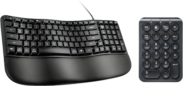 Main image of SANWA Wired Ergonomic Keyboard + Bluetooth Numeric Keypad, Black Curved Wave Keyboard with Cushioned Wrist Rest, USB-A & C Port, Rechargeable Wireless Ten Key Number Pad, Portable & Slim