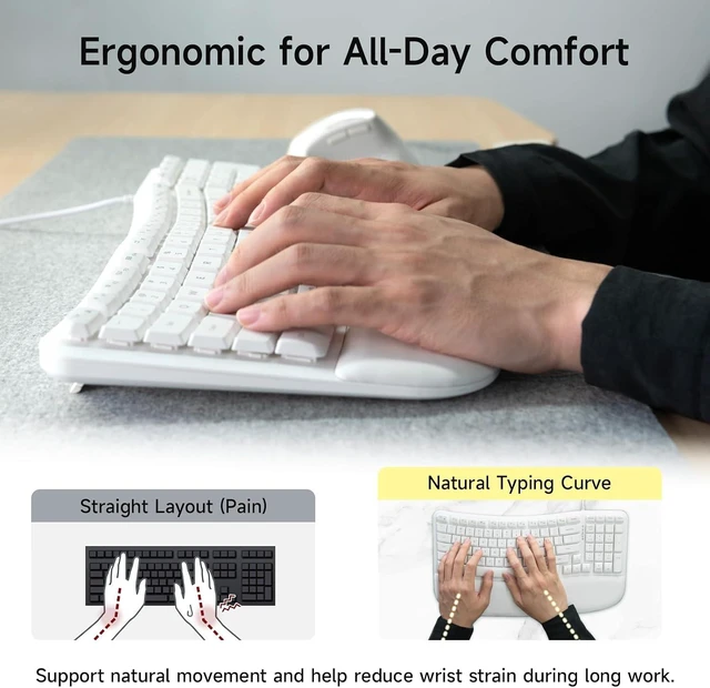 Alt view image 3 of 7 - SANWA Wired Ergonomic Keyboard + 2.4G Wireless Vertical Mouse Combo, White Curved Wave Keyboard with Cushioned Wrist Rest, USB-A & C Port, Vertical Mouse for Small & Medium Hand, for Win Mac PC Laptop