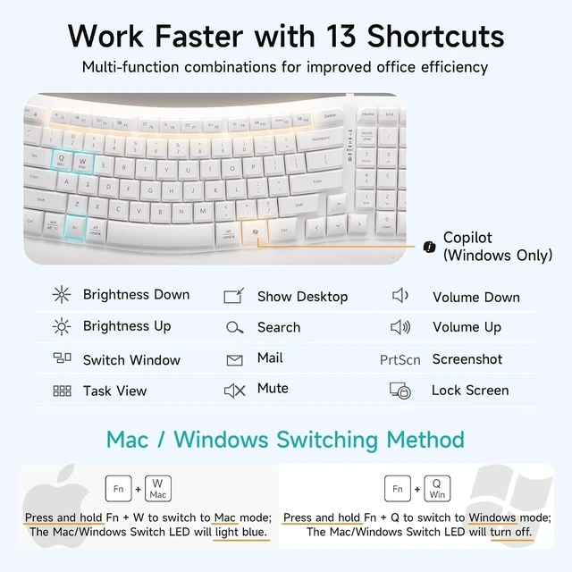 Alt view image 5 of 7 - SANWA Wired Ergonomic Keyboard + 2.4G Wireless Vertical Mouse Combo, White Curved Wave Keyboard with Cushioned Wrist Rest, USB-A & C Port, Vertical Mouse for Small & Medium Hand, for Win Mac PC Laptop