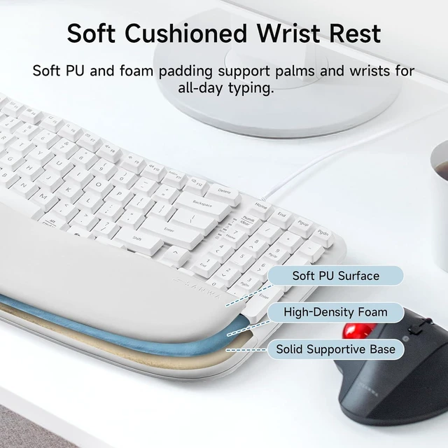 Alt view image 4 of 7 - SANWA Wired Ergonomic Keyboard + 2.4G Wireless Vertical Mouse Combo, White Curved Wave Keyboard with Cushioned Wrist Rest, USB-A & C Port, Vertical Mouse for Small & Medium Hand, for Win Mac PC Laptop