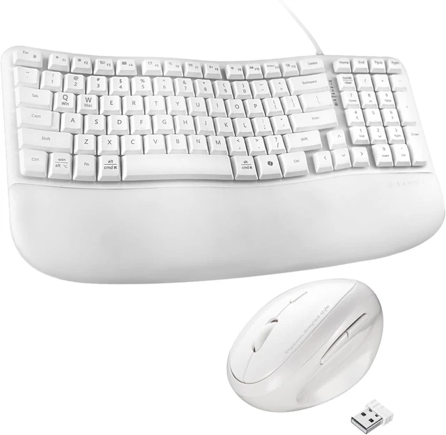 Main image of SANWA Wired Ergonomic Keyboard + 2.4G Wireless Vertical Mouse Combo, White Curved Wave Keyboard with Cushioned Wrist Rest, USB-A & C Port, Vertical Mouse for Small & Medium Hand, for Win Mac PC Laptop