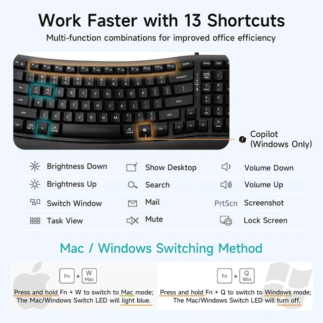 Alt view image 5 of 7 - SANWA Wired Ergonomic Keyboard + Silent Bluetooth Vertical Mouse Set, Black Curved Wave Keyboard with Cushioned Wrist Rest, USB-A & C Port, Programmable Ergo Mouse for M & L Hand, Windows Mac PC Lapto