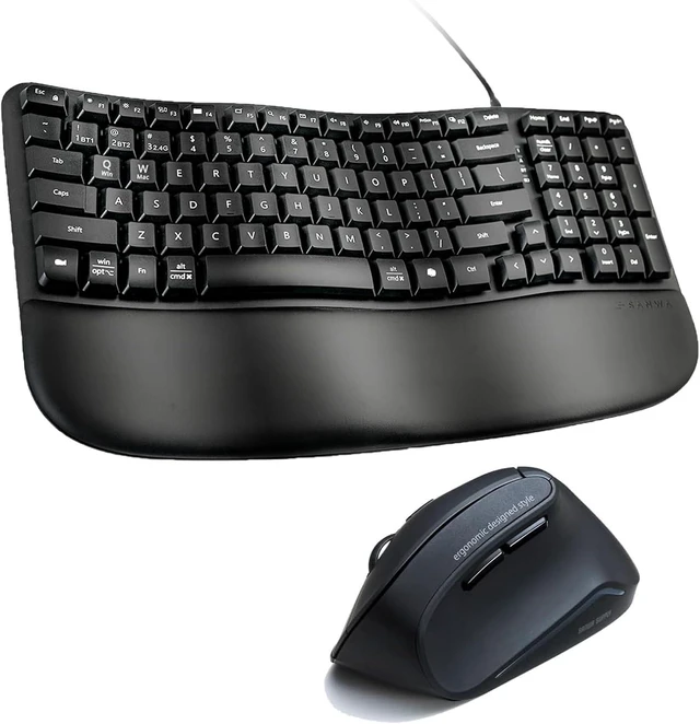 Main image of SANWA Wired Ergonomic Keyboard + Silent Bluetooth Vertical Mouse Set, Black Curved Wave Keyboard with Cushioned Wrist Rest, USB-A & C Port, Programmable Ergo Mouse for M & L Hand, Windows Mac PC Lapto