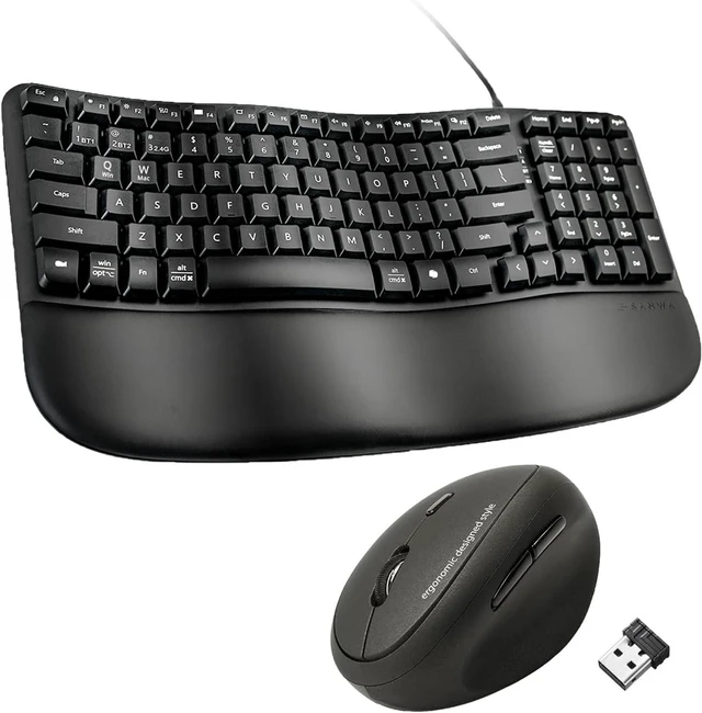 Main image of SANWA Wired Ergonomic Keyboard + 2.4G Wireless Vertical Mouse Combo, Black
Curved Wave Keyboard with Cushioned Wrist Rest, USB-A & C Port, Vertical Mouse for Small & Medium Hand, for Win Mac PC Laptop