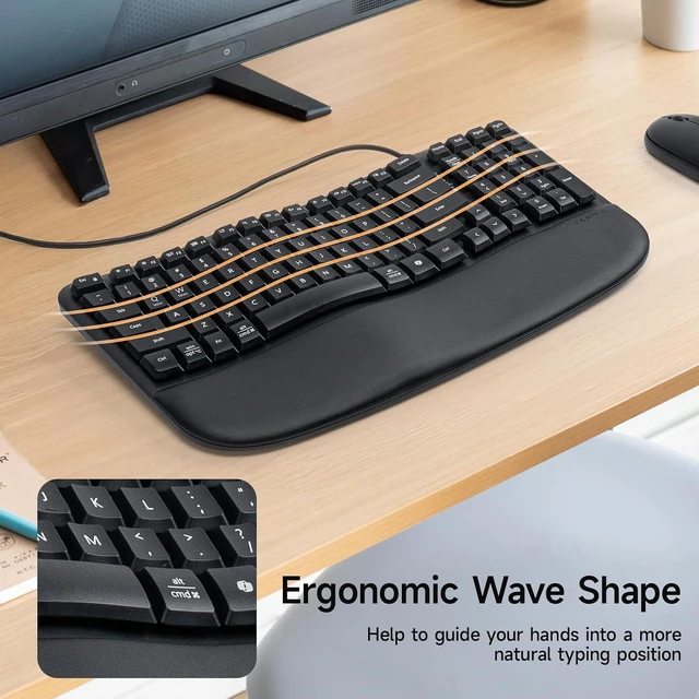Alt view image 2 of 7 - SANWA Wired Ergonomic Keyboard and Mouse Combo, ERG10W+ERG16W, Black
Curved Wave Keyboard with Cushioned Wrist Rest, USB-A & C Port, Vertical Mouse for Small & Medium Hand, for Win Mac PC Laptop