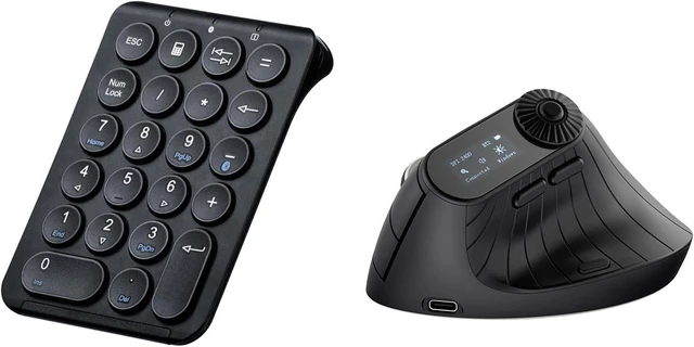 Main image of SANWA Ergonomic Mouse with LED Screen + Bluetooth Numeric Keypad, Vertical Mice Knob Control, 5 Programmable Buttons, Wireless Ten Key Number Pad, Compatible with Mac, Windows, Android, iOS, PC