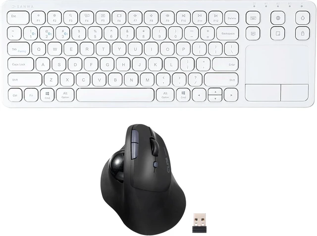 Main image of SANWA Bluetooth + 2.4G Wireless Trackball Mouse and 3-Device Bluetooth Keyboard with Touchpad, Silent Buttons Roller Mouse, 600-1600 DPI, Rechargeable Touchpad, Compatible with Mac, Laptop, PC, Window