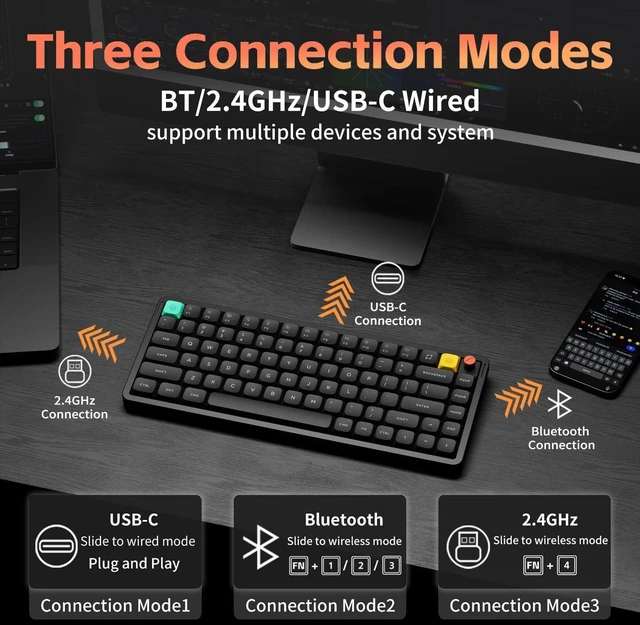 Alt view image 2 of 7 - nuphy Air75 V3 Mechanical Keyboard with Knob, Black-Brown Nano Switches 75% Low Profile keyboard, Hot-Swap, for Mac, Windows, Bluetooth/2.4GHz/USB-C, Wireless keyboard, RGB Backlit, PBT keycaps