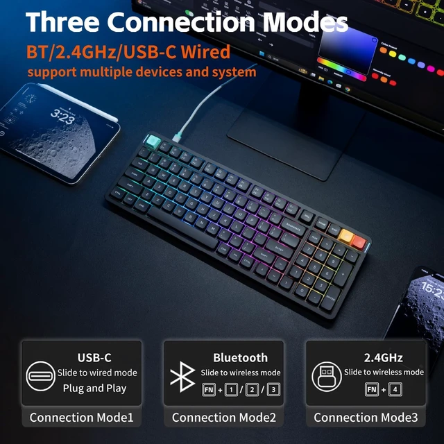 Alt view image 2 of 7 - nuphy Air100 V3 Wireless Mechanical Keyboard with Multifunctional knob
99 Keys Silent Low Profile Keyboard, For Mac, Windows, Bluetooth/2.4GHz/USB-C, RGB Backlit, PBT Keycaps, Office keyboard