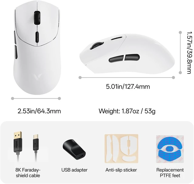 Alt view image 2 of 7 - Rapoo VT7 V2 Wireless Gaming Mouse, True 8K Wireless Polling Rate, 53g Lightweight, Up to 750 Hr Battery, Nordic nRF54L15 MCU, 100-Million Mechanical Switch, 10 Programmable Buttons, White
