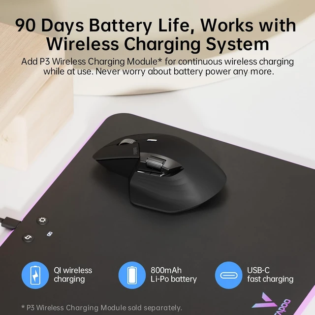 Alt view image 6 of 7 - Rapoo MT760 Multi-Device Wireless Mouse, Bluetooth 5.0 and 2.4G Multi-Mode Connection, Up to 4 Devices, 11 Programmable Buttons, 4K DPI, 90 Days Battery Life, PC, Matte Black