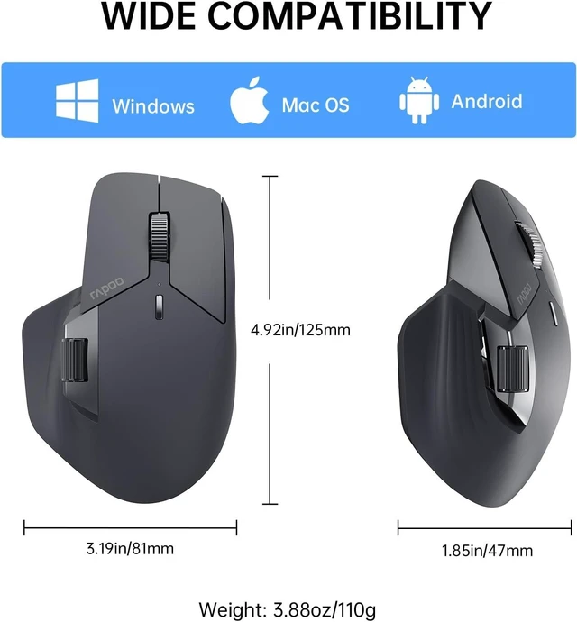 Alt view image 7 of 7 - Rapoo MT760 Multi-Device Wireless Mouse, Bluetooth 5.0 and 2.4G Multi-Mode Connection, Up to 4 Devices, 11 Programmable Buttons, 4K DPI, 90 Days Battery Life, PC, Matte Black