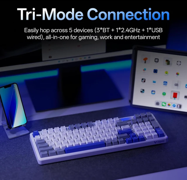 Alt view image 6 of 7 - Rapoo V700DIY-98 Wireless Mechanical Keyboard, BT5.0 + 2.4GHz, Hot Swappable Custom Gaming Keyboard, Speed Silver Linear Switch, 16.8M Per-Key RGB, Gasket Mount, Creamy Sound, Full Anti-Ghosting, Blue