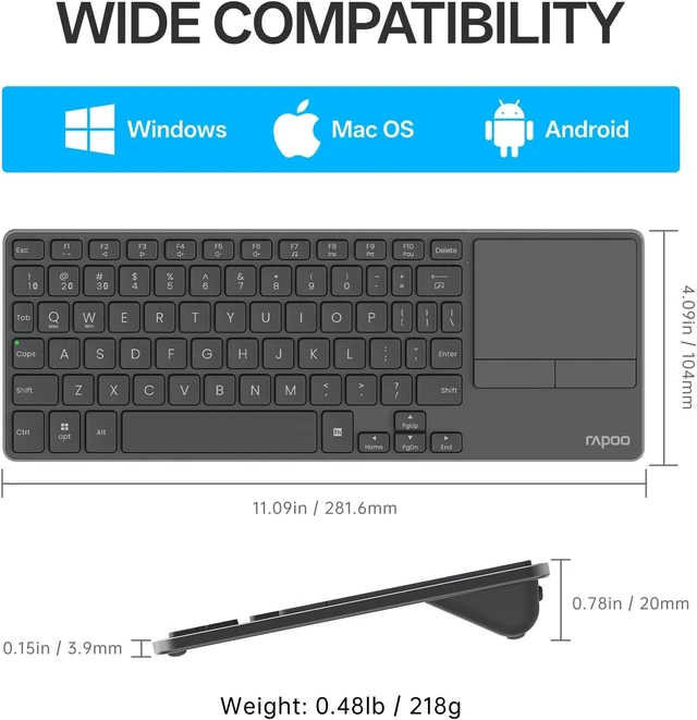 Alt view image 2 of 7 - Rapoo Mini Wireless Keyboard with Touchpad, Multi-Device HTPC Keyboard for PC-Connected TV/Tablet/Steam Deck/Gaming Console/Raspberry Pi/Mini PC - Support Touch Gestures for Windows & Mac