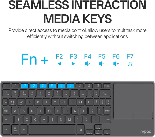 Alt view image 4 of 7 - Rapoo Mini Wireless Keyboard with Touchpad, Multi-Device HTPC Keyboard for PC-Connected TV/Tablet/Steam Deck/Gaming Console/Raspberry Pi/Mini PC - Support Touch Gestures for Windows & Mac