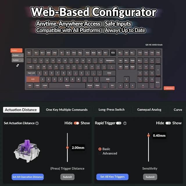 Alt view image 6 of 7 - Keychron Q6 HE Wireless Custom Magnetic Keyboard 100% Full-Size Layout
2.4 GHz/Bluetooth/Wired, QMK Launcher, Hot-Swappable Gateron Double-Rail Magnetic Switches for Mac Windows Linux - Aluminum