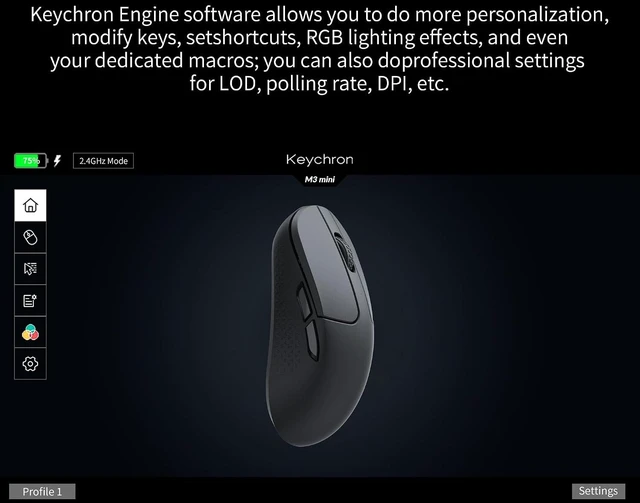 Alt view image 6 of 7 - Keychron M3 Mini Wireless Optical Mouse, Bluetooth 5.1/2.4 GHz/Wired Gaming Mouse, Programmable PixArt 3395 Sensor with up to 26,000 DPI/ 650 IPS, Lightweight Ergonomic for Windows Mac Linux - Black