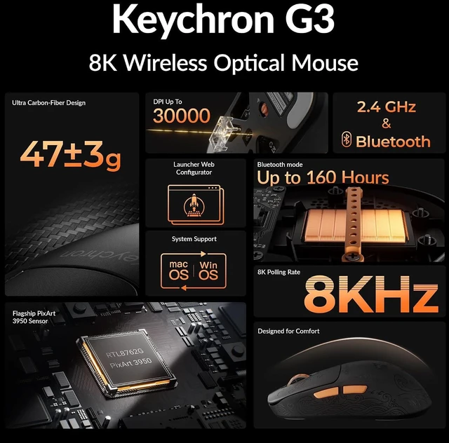 Alt view image 2 of 7 - Keychron G3 8K Carbon Fiber Wireless Gaming Mouse, 30000 DPI - PAW 3950 Sensor, 47±3g Ultra-Lightweight, Wired/BT/2.4GHz, 160Hr Battery Life, 5 Programmable Buttons, Windows/Mac/Linux - Black