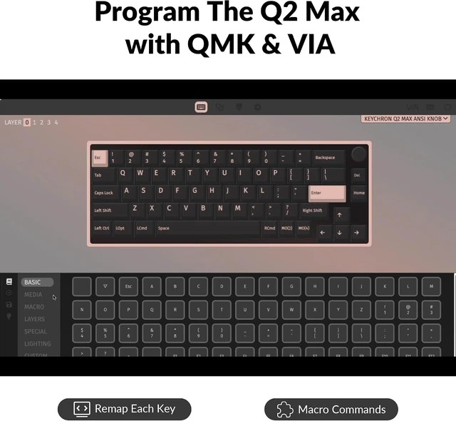 Alt view image 4 of 7 - Keychron Q2 Max QMK Wireless Mechanical Keyboard, 65% Aluminum, Black
2.4 GHz Bluetooth 5.1 USB-C, Hot-swappable PBT Keycaps, Programmable Knob, Custom RGB Backlit for Mac/Windows/Linux