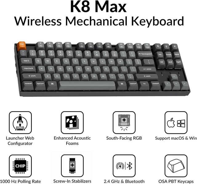 Alt view image 2 of 7 - Keychron K8 Max Wireless Mechanical Gaming Keyboard, TKL Layout QMK 2.4 GHz/Bluetooth 5.1/Wired Tri-Mode Connection, RGB with Keychron Super Banana Switch Compatible with Mac Windows Linux