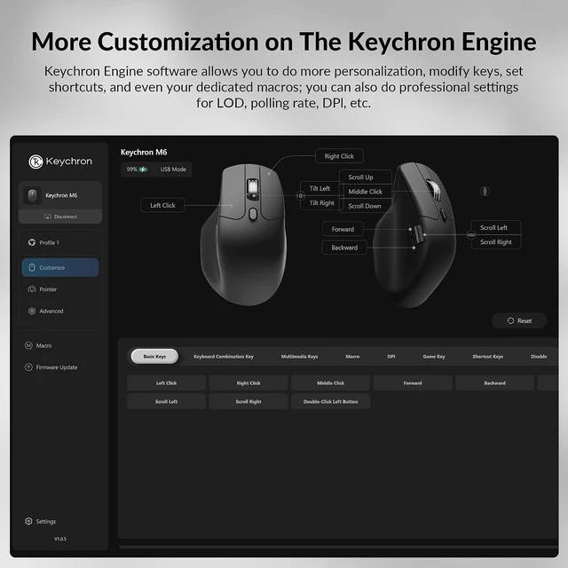 Alt view image 4 of 7 - Keychron M6 Silent Wireless Gaming Mouse, 1000Hz, Bluetooth/2.4G/Wired, PixArt 3311 Sensor (12K DPI), 86g, 5 On-Board Memory Profiles for Plug & Play, Programmable for Mac/Win/Linux Black