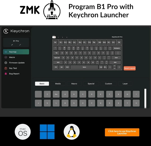 Alt view image 7 of 7 - Keychron B1 Pro Ultra-Slim Wireless Keyboard, ZMK/Launcher Programmable Bluetooth/2.4GHz/Wired, 1200 Hours Battery Life, Silent Scissor Switch Office Keyboard for Mac/Windows/Linux - Gray