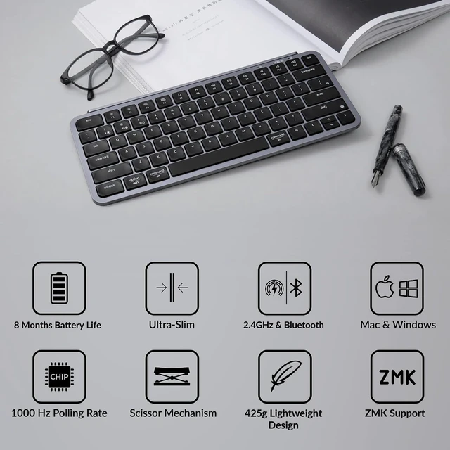 Alt view image 4 of 7 - Keychron B1 Pro Ultra-Slim Wireless Keyboard, ZMK/Launcher Programmable Bluetooth/2.4GHz/Wired, 1200 Hours Battery Life, Silent Scissor Switch Office Keyboard for Mac/Windows/Linux - Gray