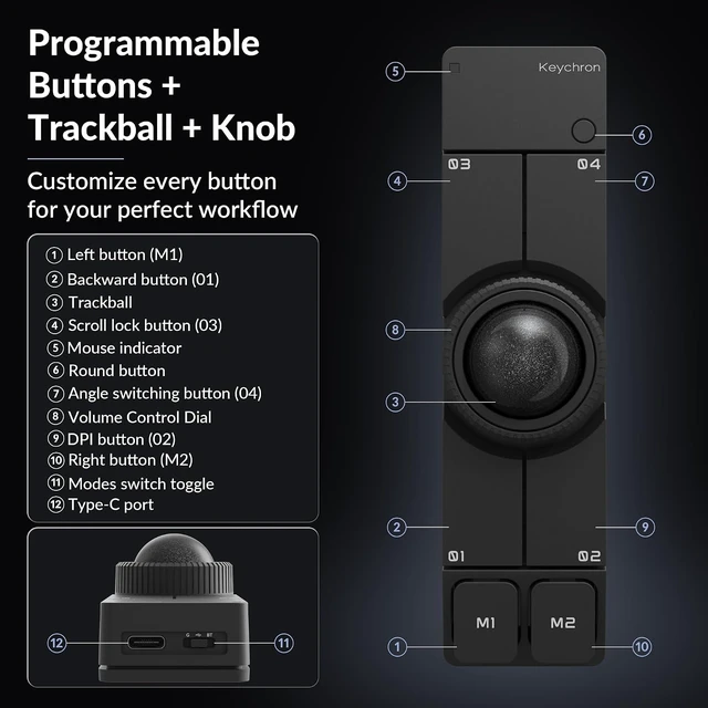 Alt view image 4 of 7 - Keychron Nape Pro Wireless Trackball Mouse, Keyboard-Centric Trackball
For Programmers & Productivity Users, 8-Direction Navigation, ZMK Programmable, 2.4GHz/Bluetooth/Wired, Silent Click - Black