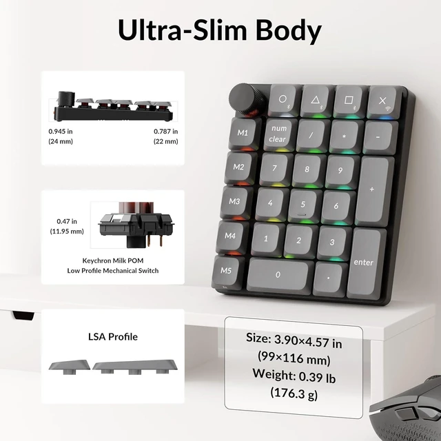 Alt view image 3 of 7 - Keychron K0 Max Wireless Low-Profile Number Pad, QMK/VIA Programmable, Hot-Swappable Brown Switch, RGB Backlit, 2.4GHz & Bluetooth 5.3, 1000Hz Polling Rate, with Knob, for Windows/Mac