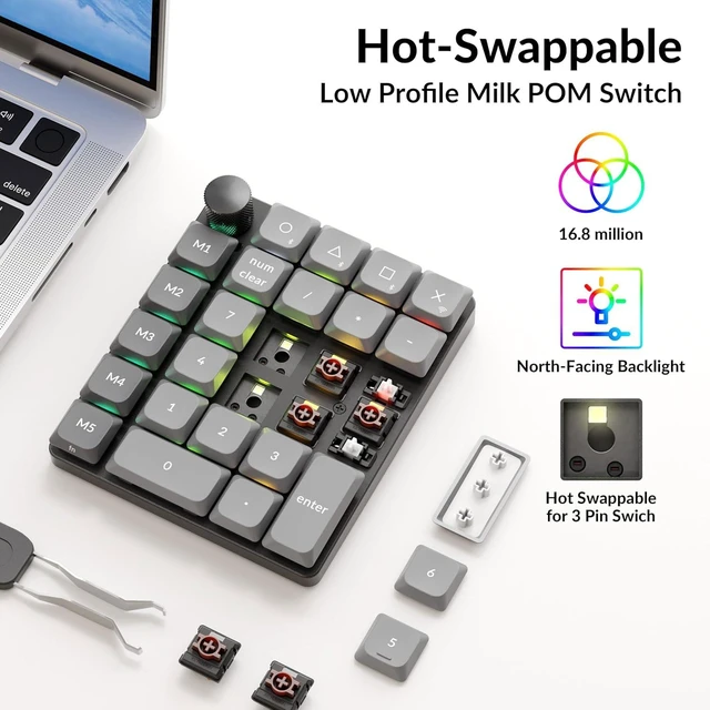 Alt view image 4 of 7 - Keychron K0 Max Wireless Low-Profile Number Pad, QMK/VIA Programmable, Hot-Swappable Brown Switch, RGB Backlit, 2.4GHz & Bluetooth 5.3, 1000Hz Polling Rate, with Knob, for Windows/Mac